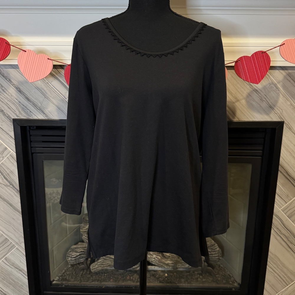 Lands End Long Sleeve Top Black Embellished Neckline Casual Comfy‎  Plus Size